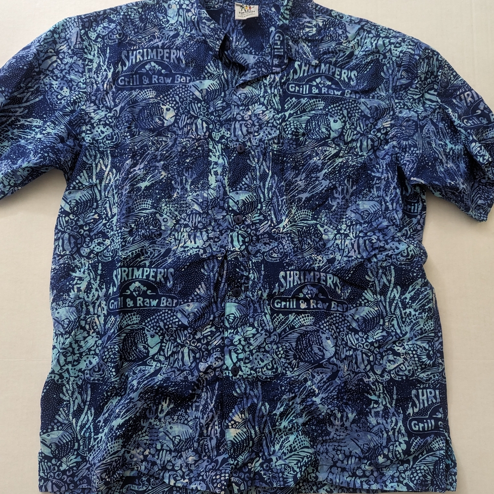 Rum Reggae Blue and Teal Graphic Short Sleeve Hawaiian Shirt Size Medium
